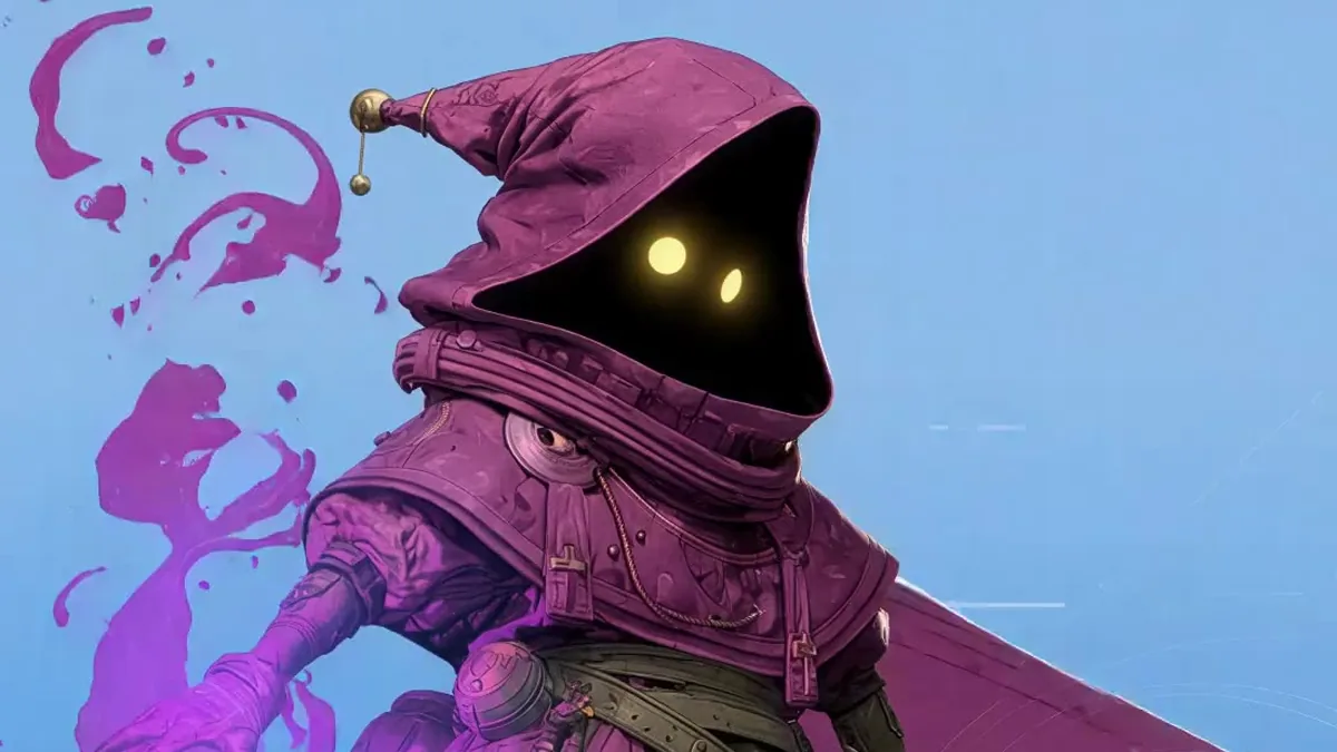 A hooded alchemist hero in purple conjuring a swirl of potion against a blue sky